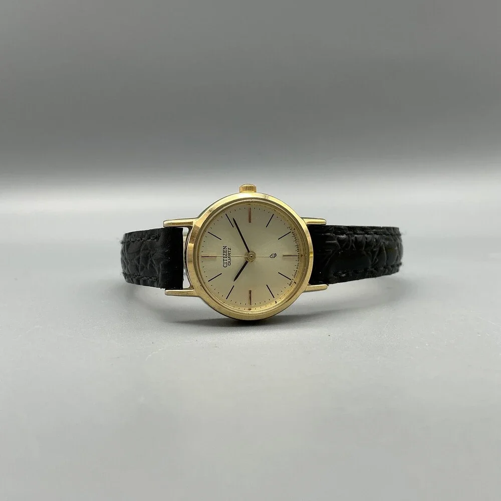 Vintage Citizen Womens Watch 21mm Champagne Gold Tone Black Leather New Battery